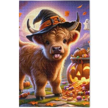 Imagem de Quebra-cabeça bonito de vaca highland halloween abóbora para adultos 500 peças pintura de belas artes cena natureza quebra-cabeça personalizado jogo engraçado, 52 cm x 37,8 cm