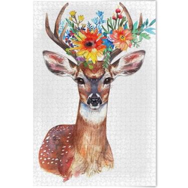 Imagem de Aquarela personalizada flor de veado 1000 peças quebra-cabeças para adultos cenário animal arte decoração paisagem cena quebra-cabeça presentes para jogo de elefante branco, 75 cm x 50 cm