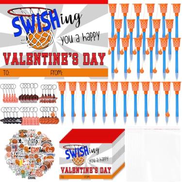 Imagem de Gosodeny 30 Set Valentine's Day Gifts Bulk Basketball Party Favors Basketball Hoop Pens Set Keychains Stickers Card Sports Fans Party Prize Classroom Exchange Gifts