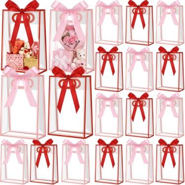 Imagem de Mooliwe 24 peças de sacos de presente de plástico transparente para Dia dos Namorados com alças 26 x 18 x 8 cm, sacos de guloseimas reutilizáveis vermelhos e rosa com fitas, saco de embrulho de