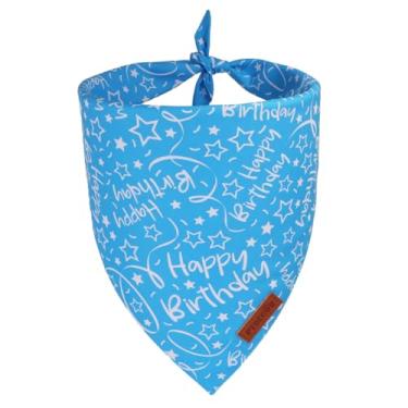 Imagem de PTDECOR Bandana de feliz aniversário para cães, tecido durável premium, cachecol triangular para artigos de festa de aniversário, bandana azul para cães grandes GG (GG)