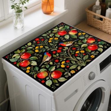 Imagem de GLOBLELAND Flores pássaros lavadora secadora tapete de cobertura contra poeira 59,96 x 49,8 cm maçãs ramos máquina de lavar roupa protetor superior almofadas antiderrapantes para secadora de roupas