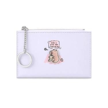 Imagem de Carteiras femininas roxas fofas de poliuretano pequenas e minimalistas com bloqueio de RFID com zíper com moeda de grande capacidade para cartão de crédito fino