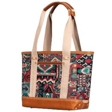 Imagem de une diffe Bolsa feminina de lona com bolsa de couro para viagem, fecho magnético, bolso interno com zíper, Bohemia Red, Large