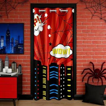 Imagem de Cortina de porta infantil tema herói, cortina de porta de construção de cidade privacidade para meninos adolescentes homens, teia de aranha vermelha preta cozinha armário decoração quarto capa de