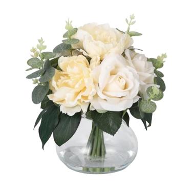 Imagem de homfan 4 rosas realistas + 4 peônias em vaso de vidro com água sintética, arranjos de flores artificiais para centros de mesa de casamento e casa
