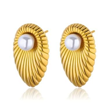 Imagem de Argola de pérola ondulada de ouro grosso, brincos de metal misto, One Size, Aço inoxidável, Sem pedra preciosa