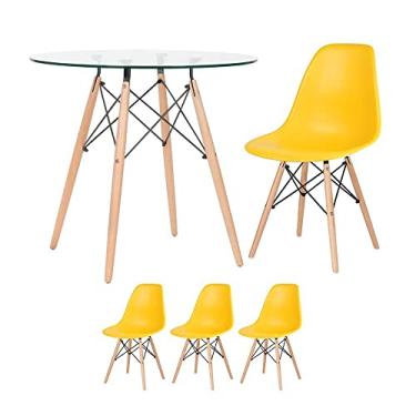 Imagem de Loft7, Kit - Mesa Eames com tampo de vidro 80 cm + 3 cadeiras Eiffel Dsw Amarelo