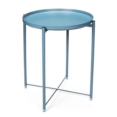Imagem de Mesa de centro de cabeceira de ferro nórdico mesa lateral simples quarto mini mesa de canto varanda sala de estar mesas redondas pequenas mesas de canto (cor: cinza) (azul claro)