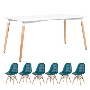 Imagem de Loft7, Kit - Mesa retangular Eames 80 x 160 cm branco + 6 cadeiras estofadas Botonê turquesa
