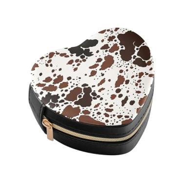 Imagem de Burbuja Caixa de joias em forma de coração com estampa de pele de vaca mini estojo de joias de viagem para mulheres e meninas, estojo portátil organizador de armazenamento para brincos, anéis, colares