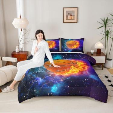 Imagem de Jogo de cama solteiro com estampa de basquete infantil, bola chama, jogos esportivos, decoração de quarto de meninos e meninas, adultos, roxo, céu estrelado, galáxia, romântico, edredom moderno, 1
