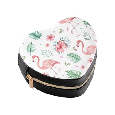 Imagem de Burbuja Caixa de joias em forma de coração flamingos mini estojo de joias de viagem para mulheres e meninas, estojo portátil organizador de armazenamento para brincos, anéis, colares e pulseiras