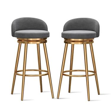 Imagem de Banquetas de balcão Conjunto de 2 - Bancos de bar estofados de veludo com perna de metal dourado, cadeiras de bar de ilha de cozinha modernas cadeiras de jantar com encosto baixo, 64 cm A, cinza