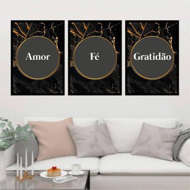Imagem de Kit 3 Quadros Amor, Fé, Gratidão - Preto E Dourado 24X18Cm