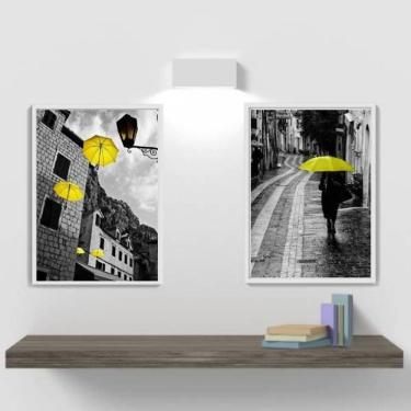 Imagem de Kit 2 Quadros Fotografias Sombrinhas Amarelas 45X34 Branca