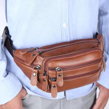 Imagem de Bolsa de cintura masculina de couro legítimo legítimo de grande capacidade, impermeável, com zíper, para trabalhadores, viagens, lazer, telefone, Marrom, Bolsa de cintura