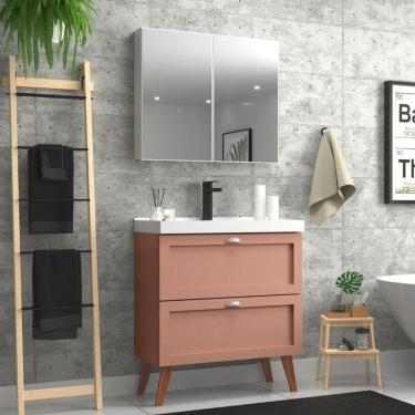 Imagem de Gabinete Para Banheiro Com Cuba E Armario 80cm Retro Mdf Rosa Milano - On Móveis