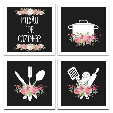 Imagem de Conjunto Quadros Decorativos 4 Pçs 20x20 Paixão Por Cozinhar Titulos Moldura Branca