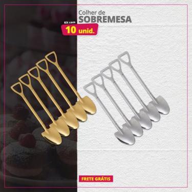 Imagem de Kit 10 Colheres de Sobremesa Inox Pá Redonda - Genérica, Dourado e Pra