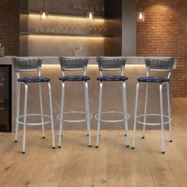 Imagem de Banqueta para bar/gourmet Balcão Alto Estrutura Prata Encosto Junco De