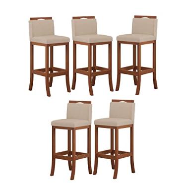 Imagem de Kit 5 Banquetas Média Encosto Estofado 38x88 Cm Turim Madeira Maciça Pinhão Suede Bege - CCS