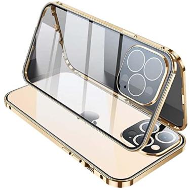 Imagem de HAODEE para Apple iPhone 13 Pro Max (2021) capa de 6,7 polegadas, capa de telefone HD de vidro temperado de dupla face magnética, moldura de pára-choques de metal (cor: ouro)