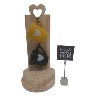 Imagem de Kit Suporte Jogo Caneca Xícara Café Coração Namorados Casal (Amarelo e Preto)