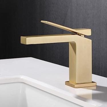 Imagem de Torneira de lavatório escova de ouro preto cromo torneira de lavatório fria e quente misturadora de latão torneira de pia montada no convés torneira de água, escova dourada curta