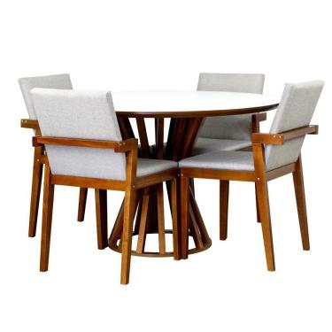 Imagem de Conjunto Mesa de Jantar Redonda Cecília Amadeirada Branca 120cm com 4 Cadeiras Estofadas Isabela - Bege