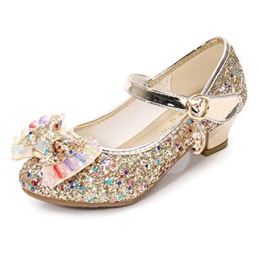 Imagem de ZJBPHL Sapatos sociais para meninas salto baixo flor festa casamento princesa Mary Jane sapatos (bebê/criança pequena/criança grande), Dourado - 3, 1.5 Little Kid