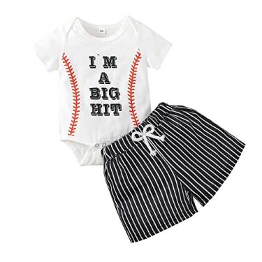 Imagem de Macacão infantil de manga comprida, manga curta, com letras de beisebol, estampado, shorts listrados, roupas de bebê, Branco, 6-9 Months