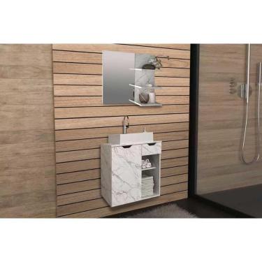 Imagem de Conjunto de Banheiro Armário c/ Espelho BN3608 e Balcão Suspenso BN3605 c/ Cuba Pia BN3600 60cm cor Mármore Branco - Tecno Mobili