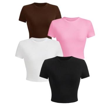 Imagem de Milumia Pacote com 4 camisetas femininas básicas de manga curta e gola redonda, Preto, marrom, branco, rosa, GG