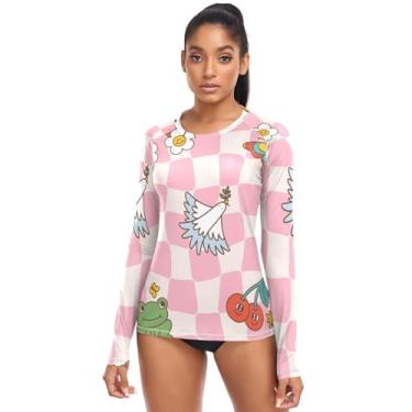 Imagem de Pink Check Frog Animal Cottage Butterfly Camisas de natação femininas, camisas de surfe Rash Guard secagem rápida tops, Borboleta de campo, sapo, rosa, xadrez, P