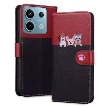 Imagem de Miagon Capa para Xiaomi Redmi Note 13 5G, capa de desenho animado animal cão gato bonito padrão dobrável couro PU emendado carteira flip capa protetora com compartimentos para cartões, preto