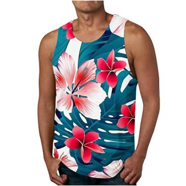 Imagem de Camiseta masculina havaiana regata tropical simples colete masculino gola redonda trilha academia praia verão outono colete 2024, F-648 Vermelho, 4G
