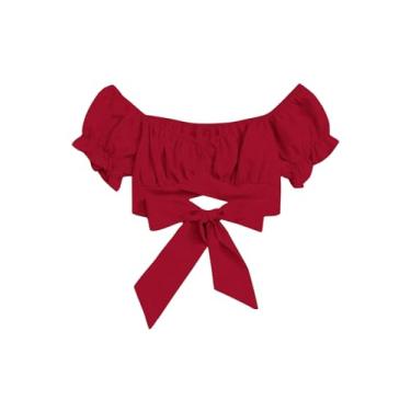Imagem de OYOANGLE Camiseta feminina curta manga bufante, ombro de fora, amarrada nas costas, casual, lisa, franzida, Vermelho, M