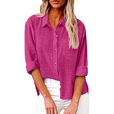Imagem de Tops de verão para mulheres 2024 camisas de botão casuais verão manga longa algodão linho blusa plus size fenda lateral, Ofertas relâmpago rosa choque, 3G