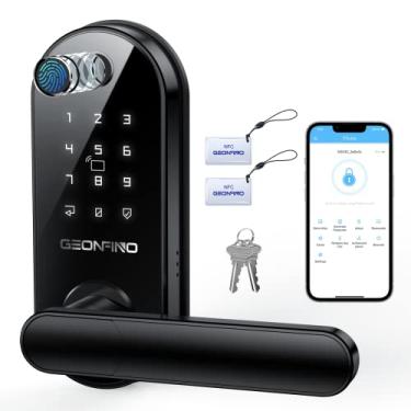 Imagem de Fechadura de porta inteligente 6 em 1 para porta frontal com impressão digital antiespiar, fechadura digital preta sem chave com maçaneta elétrica, alça biométrica para casa