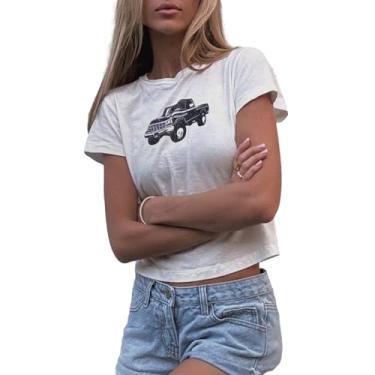 Imagem de Camisetas estampadas de bebê para mulheres adolescentes Y2k estampa floral vintage anos 90 camisetas grunge camisetas de verão, Carro cinza branco, G