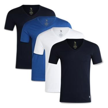 Imagem de U.S. Polo Assn. Camiseta masculina – Pacote com 4 camisetas de manga curta com gola V, Azul-marinho/mesclado cobalto brilhante/branco, G