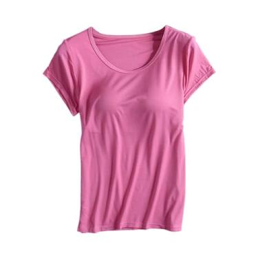 Imagem de Camisetas femininas de algodão, sutiã embutido, ioga, academia, treino, alças acolchoadas com sutiã de prateleira, Rosa choque, P