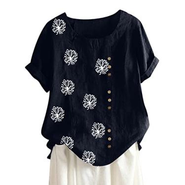 Imagem de Howstar Camiseta feminina de verão, casual, floral, algodão, linho, bordada, manga curta, gola redonda, camisetas estampadas grandes, A8 - Azul-marinho, XG