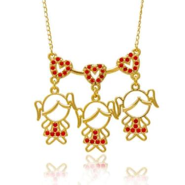 Imagem de Colar de Filhos Três Meninas com Cristais Rosa Folheado em Ouro 18K