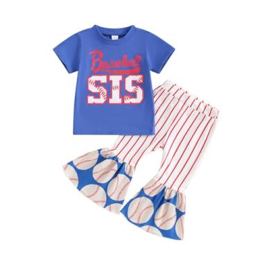 Imagem de Geogenry Conjunto de 2 peças com estampa de beisebol para meninas, camiseta de manga curta e calça flare estilosa, roupas de verão para bebês meninas, Azul, 18-24 Meses