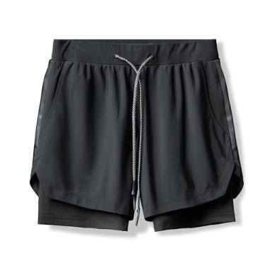 Imagem de Legou Short de corrida masculino com bolso para celular e bolso com zíper, esportiva, fitness, camuflagem, calça respirável de camada dupla, Preto, GG