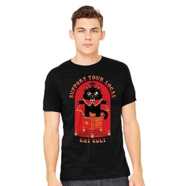 Imagem de TeeFury - Support Your Local Cat Cult - Camiseta masculina animal, gato, Preto, 5G