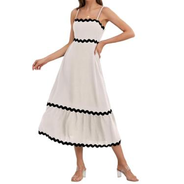 Imagem de Vestidos midi de verão com alças finas 2024 RIC Rac Vestido feminino boho gola quadrada frente única vestido longo com decote quadrado, Damasco, P