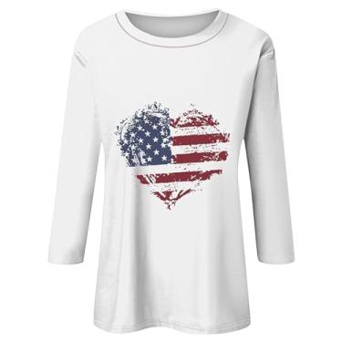 Imagem de 4th of July Shirts Camiseta feminina manga 3/4 2024 Hawaiian Beach gola redonda algodão macio camisetas patrióticas, Ofertas relâmpago branco, GG